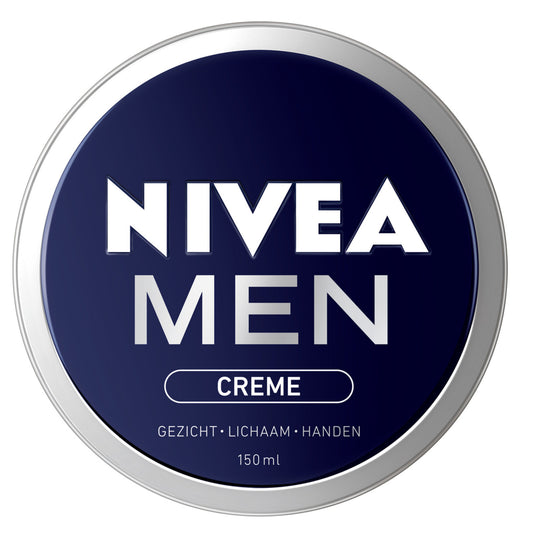 Nivea Men face cream in a 150ml blue tin, designed for men's facial skincare, with the Nivea logo visible on the lid.