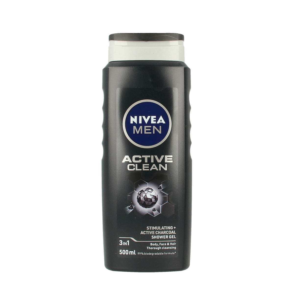 Nivea Men Active Clean douchegel bottle, 500ml, with blue and white packaging, designed for men's body wash and cleansing.