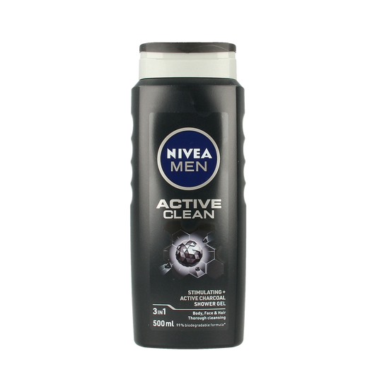 Nivea Men Active Clean douchegel bottle, 500ml, with blue and white packaging, designed for men's body wash and cleansing.