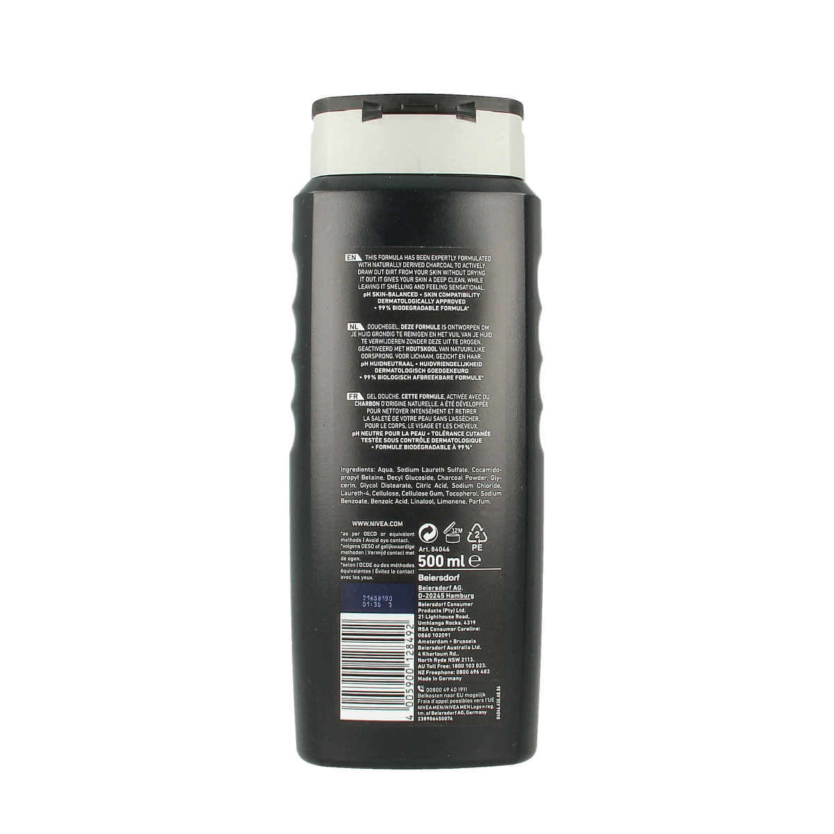 Nivea Men Active Clean douchegel 500ml bottle with blue and white packaging, designed for men's body and shower cleansing.