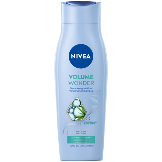 Nivea Volume Wonder Shampoo 250ml bottle showing the label and packaging for volumizing hair care.