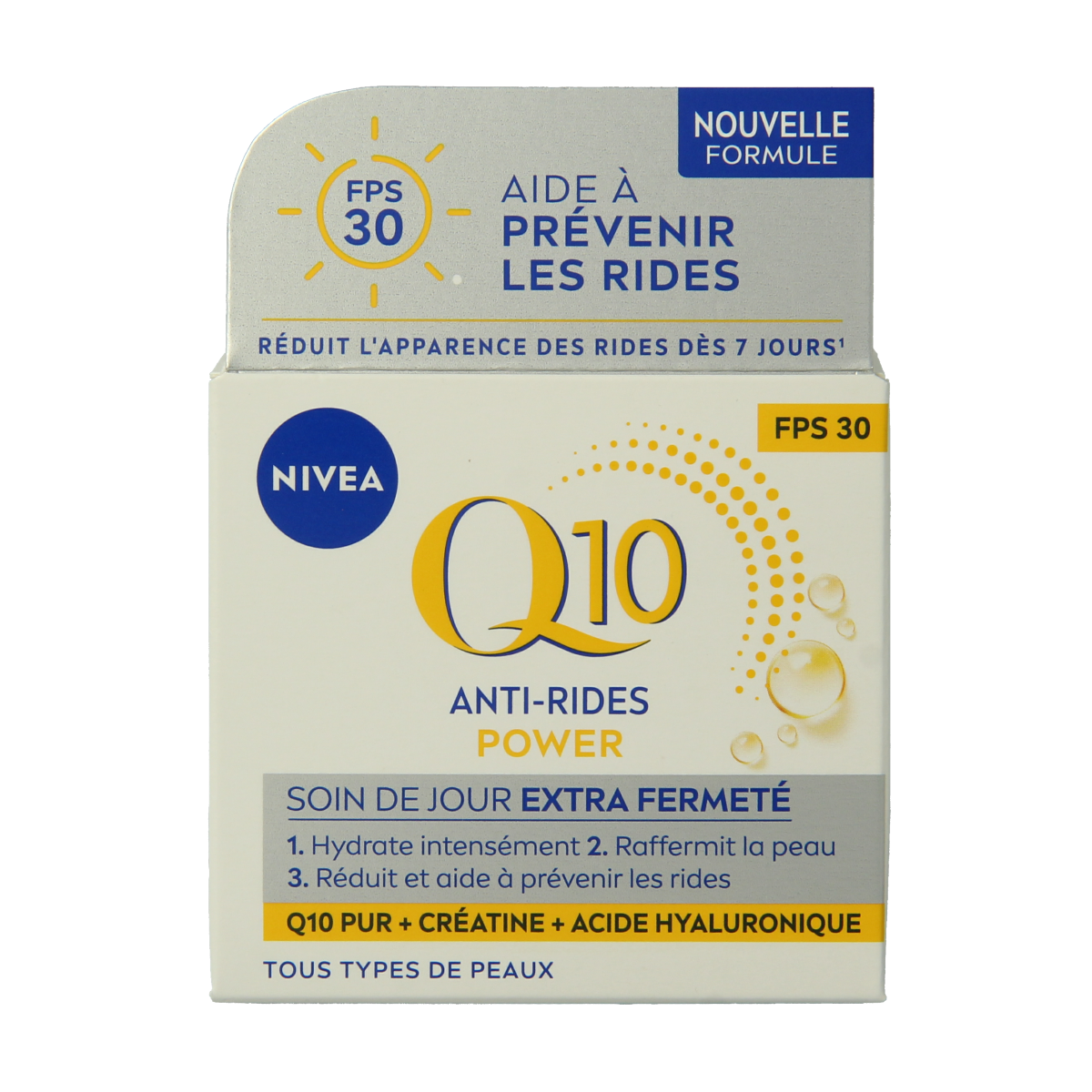 Nivea Q10 Power anti-wrinkle face cream with SPF30 in 50ml jar, moisturizing and protecting skin from aging and sun damage.