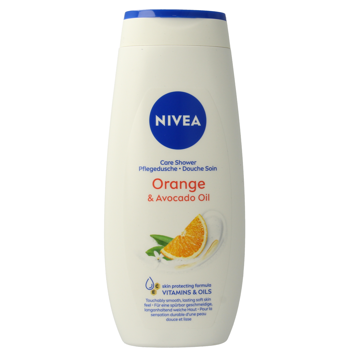 Nivea Care shower gel with orange and avocado oil in a 250ml bottle, featuring a clear bottle with orange and green accents.