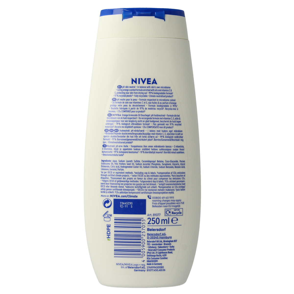Nivea Care shower gel with orange and avocado oil in a 250ml bottle, suitable for gentle cleansing and skin nourishment.
