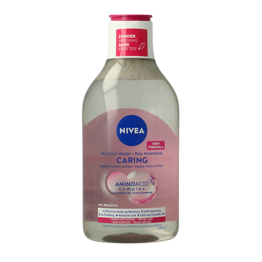 Nivea Micellair Water Caring 400ml facial skincare bottle with blue cap and clear liquid in a transparent container.