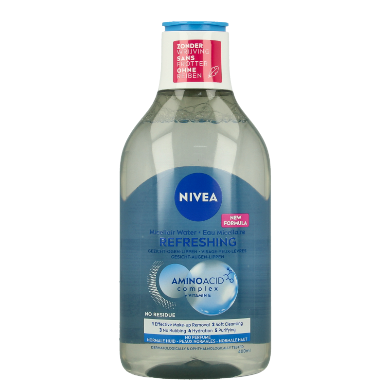 Nivea Essentials Micellar Water 5-in-1 for normal skin, 400ml bottle for gentle facial cleansing and makeup removal.