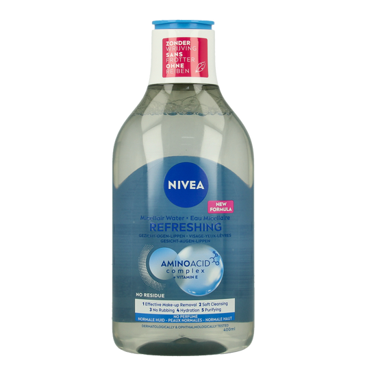 Nivea Essentials Micellar Water 5-in-1 for normal skin, 400ml bottle for gentle facial cleansing and makeup removal.
