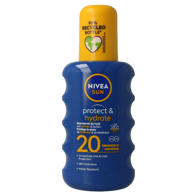 Nivea Sun Protect & Hydrate SPF 20 solar spray bottle, 200ml, with sunscreen nozzle and blue cap.