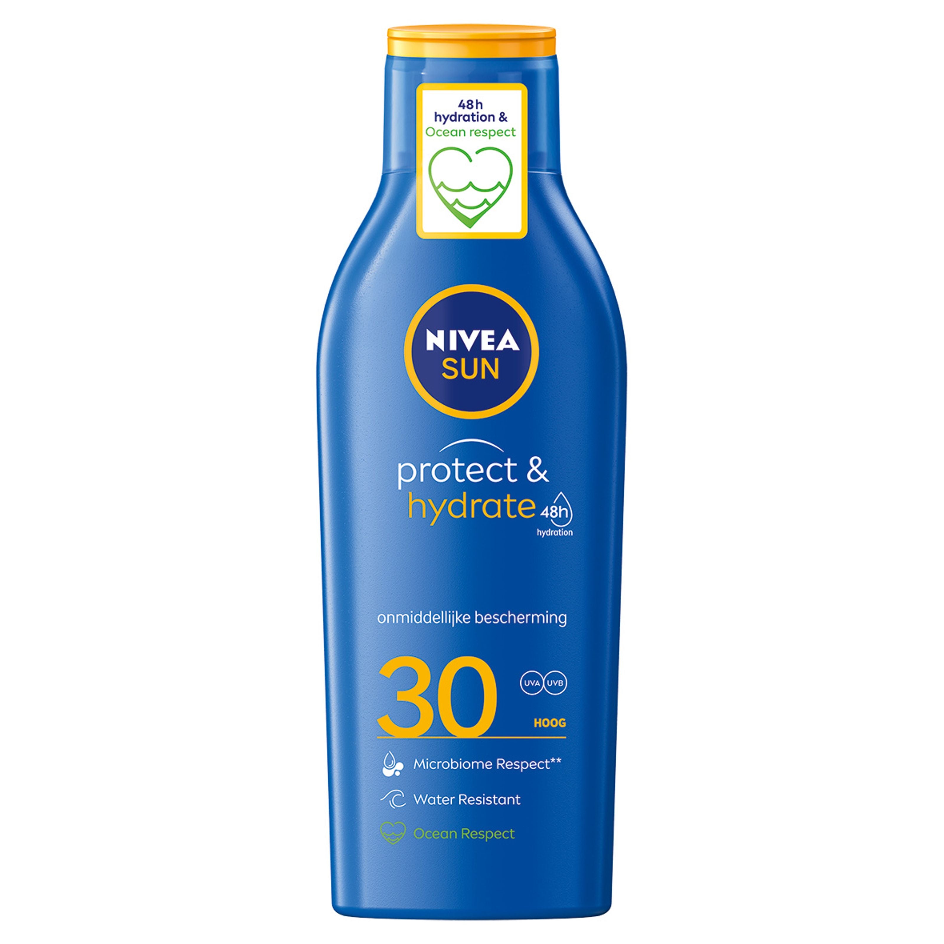 Nivea Sun Protect & Hydrate SPF30 suntan milk bottle, 200ml, with a sun protection label and blue cap.