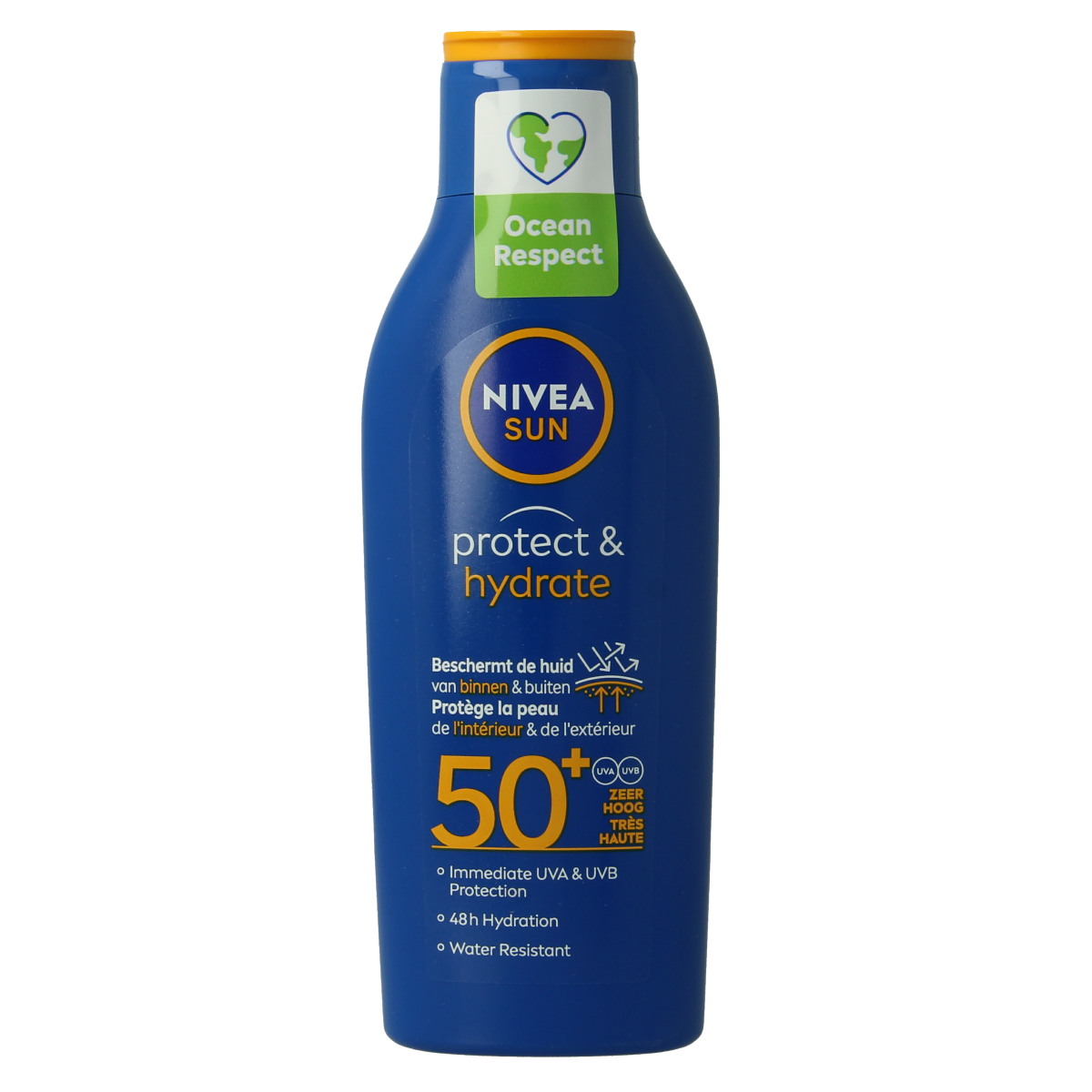 Nivea Sun Protect & Hydrate SPF50 zonnemelk in 200ml bottle, featuring a light, hydrating sunscreen formula and product label.