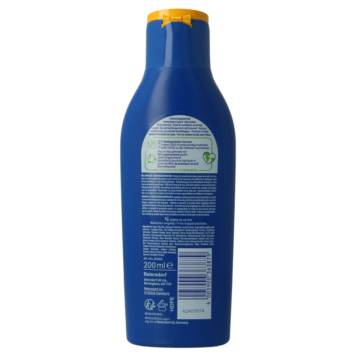 Nivea Sun Protect & Hydrate zonnebrandmelk SPF50 200ml bottle with blue cap and Nivea branding for sun protection and hydration