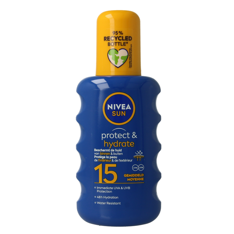 Nivea Sun Protect & Hydrate SPF 15 sunscreen spray bottle, 200ml, with a blue cap and label featuring sun protection imagery.