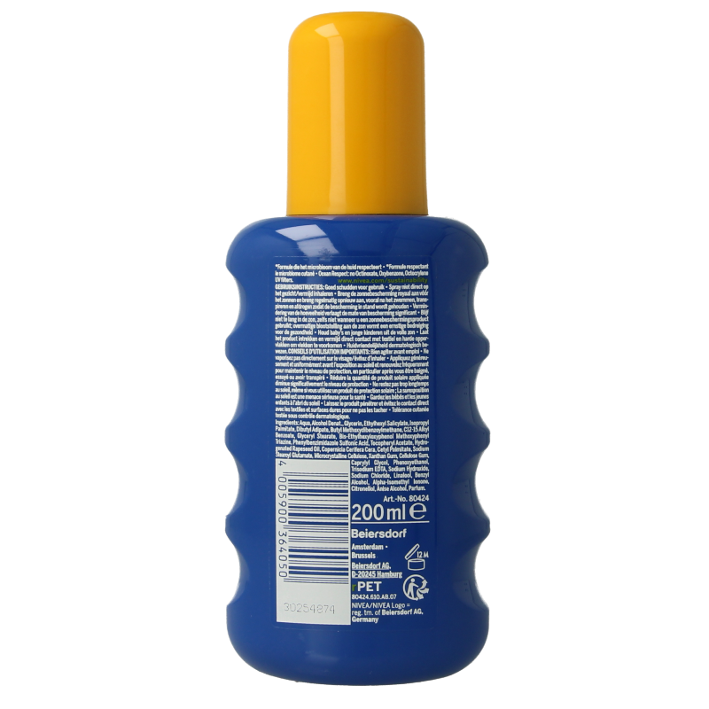 Nivea Sun Protect & Hydrate SPF15 sunscreen spray in a 200ml bottle, showing the spray nozzle and packaging.