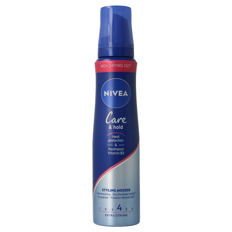 Nivea Care & Hold Styling Mousse Extra Strong in 150ml, hair styling product with a foamy texture in a white can