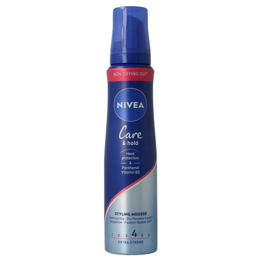 Nivea Care & Hold Styling Mousse Extra Strong in 150ml, hair styling product with a foamy texture in a white can