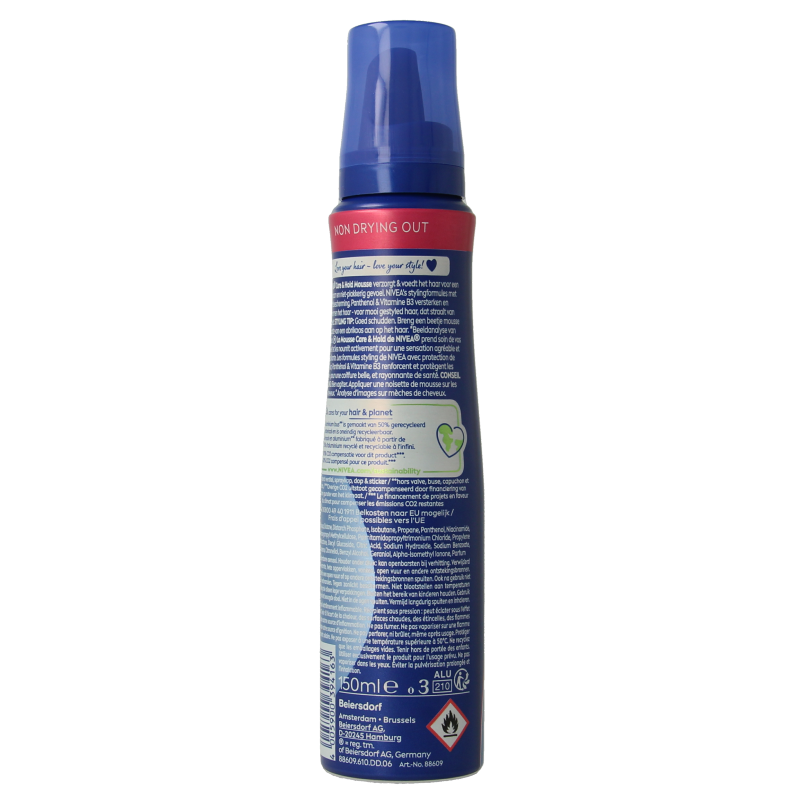 Nivea Care & Hold Styling Mousse Extra Strong in 150ml, a hair styling product with a white and blue can, shown upright.