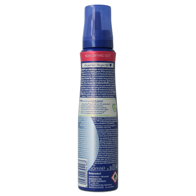 Nivea Care & Hold Styling Mousse Extra Strong, 150ml, Haarstyling product with foam dispenser and product packaging.