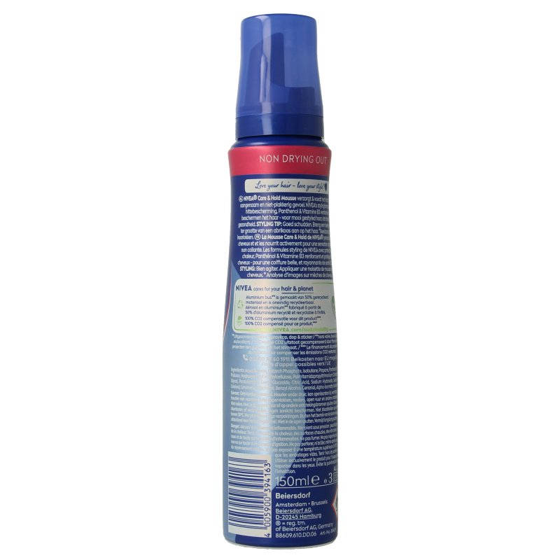 Nivea Care & Hold Styling Mousse Extra Strong 150ml for firm hair hold, in a white aerosol can with blue accents.