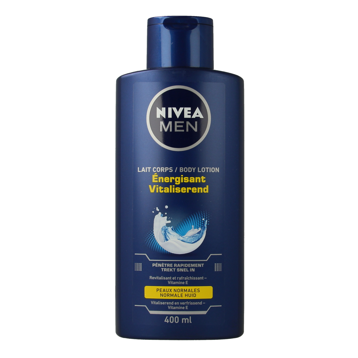 Nivea Men revitalizing and hydrating body lotion in a 400ml bottle, suitable for effective men's body skincare.