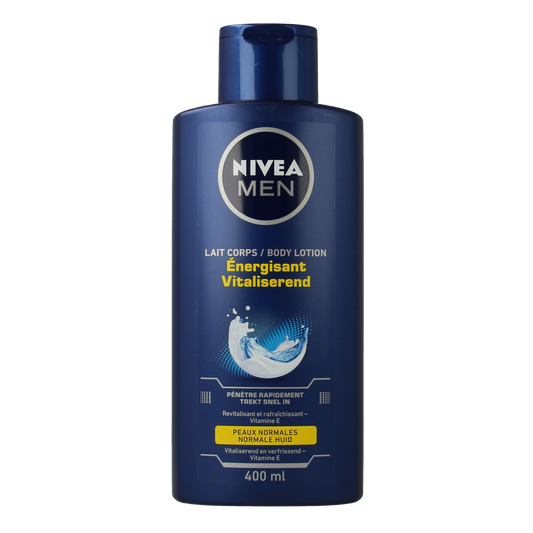 Nivea Men revitalizing and hydrating body lotion in a 400ml bottle, suitable for effective men's body skincare.