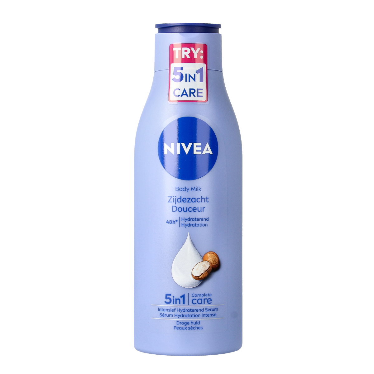 Nivea Body Milk Zijdezacht in 250ml bottle, moisturizing body lotion for smooth, soft skin, shown in the image.