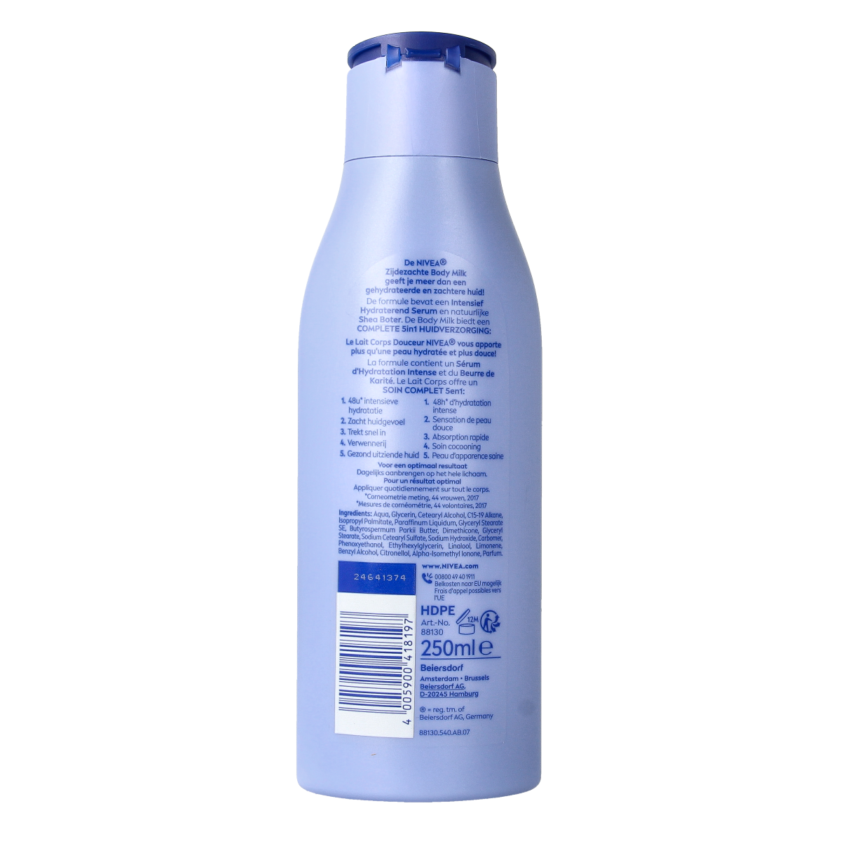 Nivea Body Milk Zijdezacht in 250ml bottle, moisturizing body lotion for smooth, soft skin.