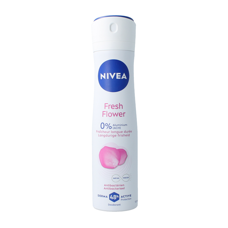Nivea Fresh Flower Spray Deodorant in 150ml bottle with floral design, providing long-lasting freshness and protection.