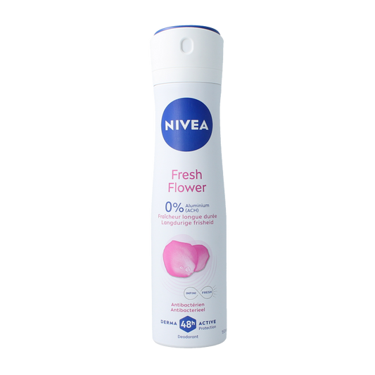 Nivea Fresh Flower Spray Deodorant in 150ml bottle with floral design, providing long-lasting freshness and protection.