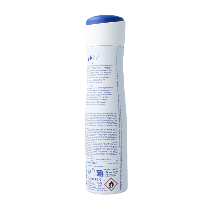 Nivea Fresh Flower Deodorant spray in 150ml bottle, featuring floral scent, with a sleek white design.
