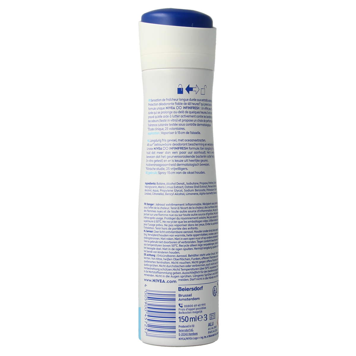 Nivea Fresh Natural Spray Deodorant for women, 150ml, featuring a sleek white bottle with blue accents and a spray nozzle.