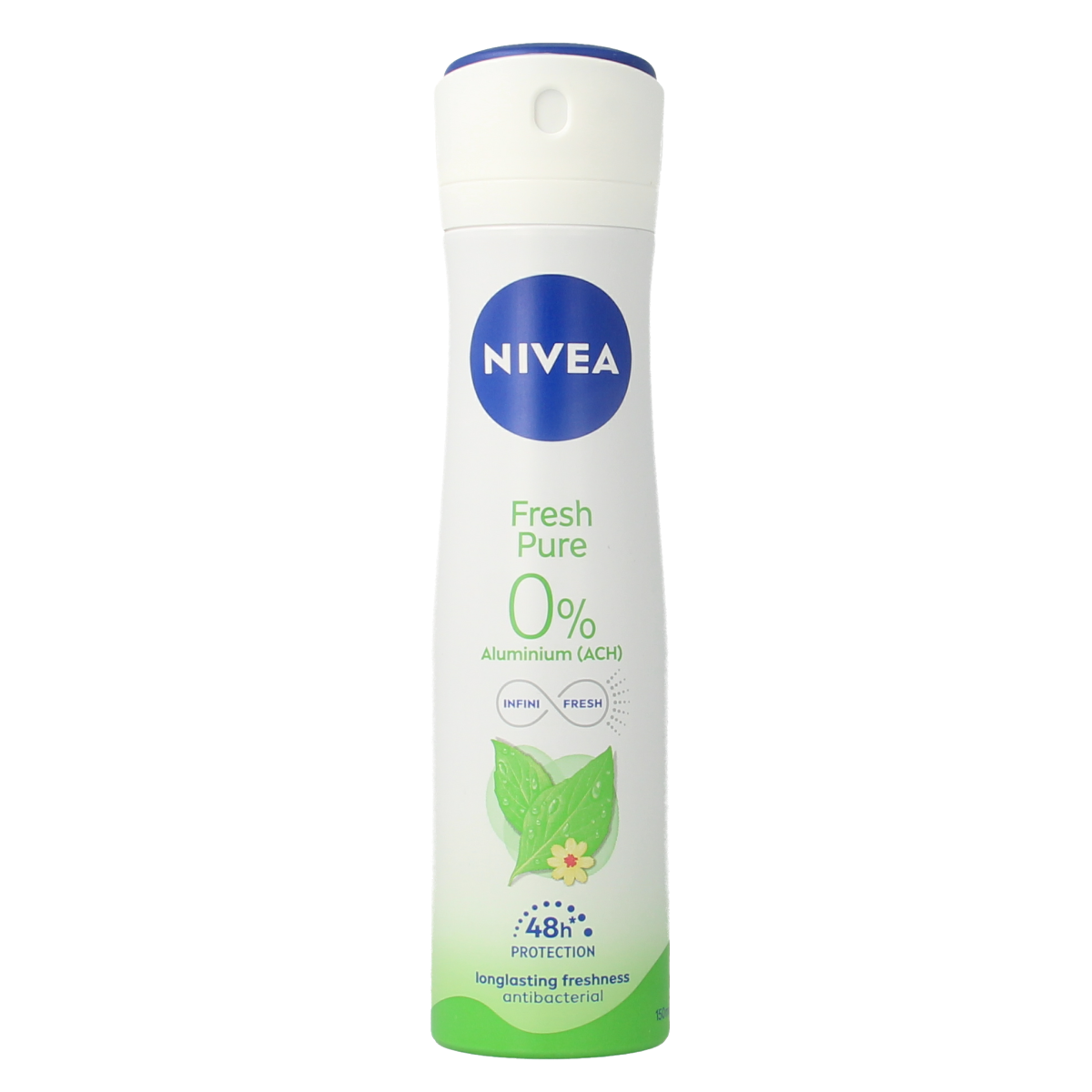 Nivea Fresh Pure Jasmine deodorant spray bottle, 150ml, with a white and blue design featuring jasmine flowers on the label.