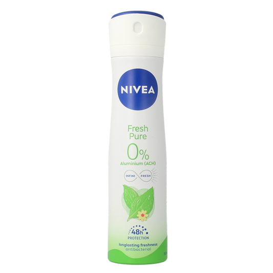 Nivea Fresh Pure Jasmine deodorant spray bottle, 150ml, with a white and blue design featuring jasmine flowers on the label.