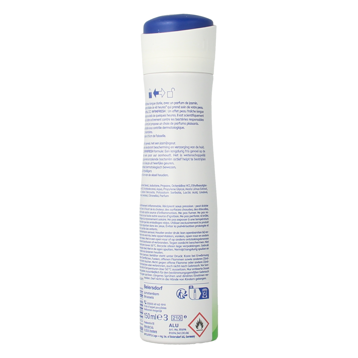 Nivea Fresh Pure Jasmine deodorant spray bottle, 150ml, with white and blue packaging, featuring jasmine floral design.