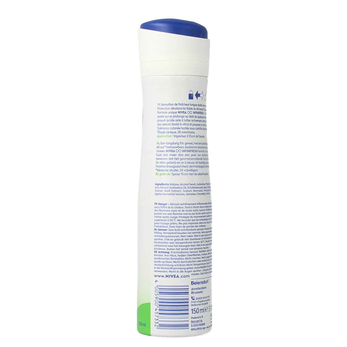 Nivea Fresh Pure Jasmine deodorant spray bottle, 150ml, with a clean design and jasmine scent visible on the label.