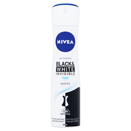Nivea Invisible Black & White Pure deodorant spray in 150ml bottle, showing the product with branding and spray nozzle.