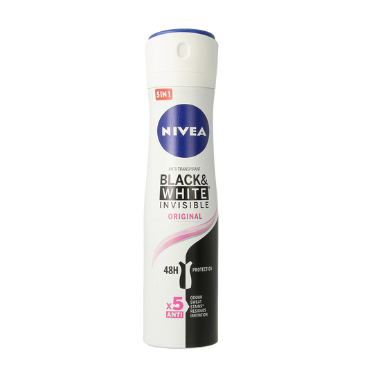 Nivea Invisible Black & White Deodorant Spray in 150ml bottle, featuring a sleek design and white cap.