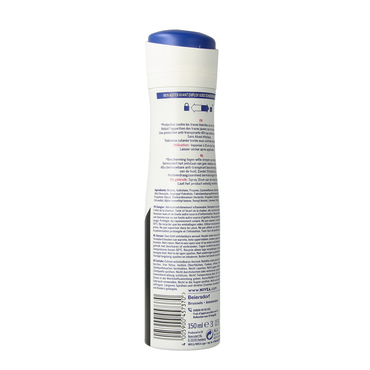 Nivea Invisible Black & White deodorant spray bottle, 150ml, with a white cap and label, designed for odor protection.