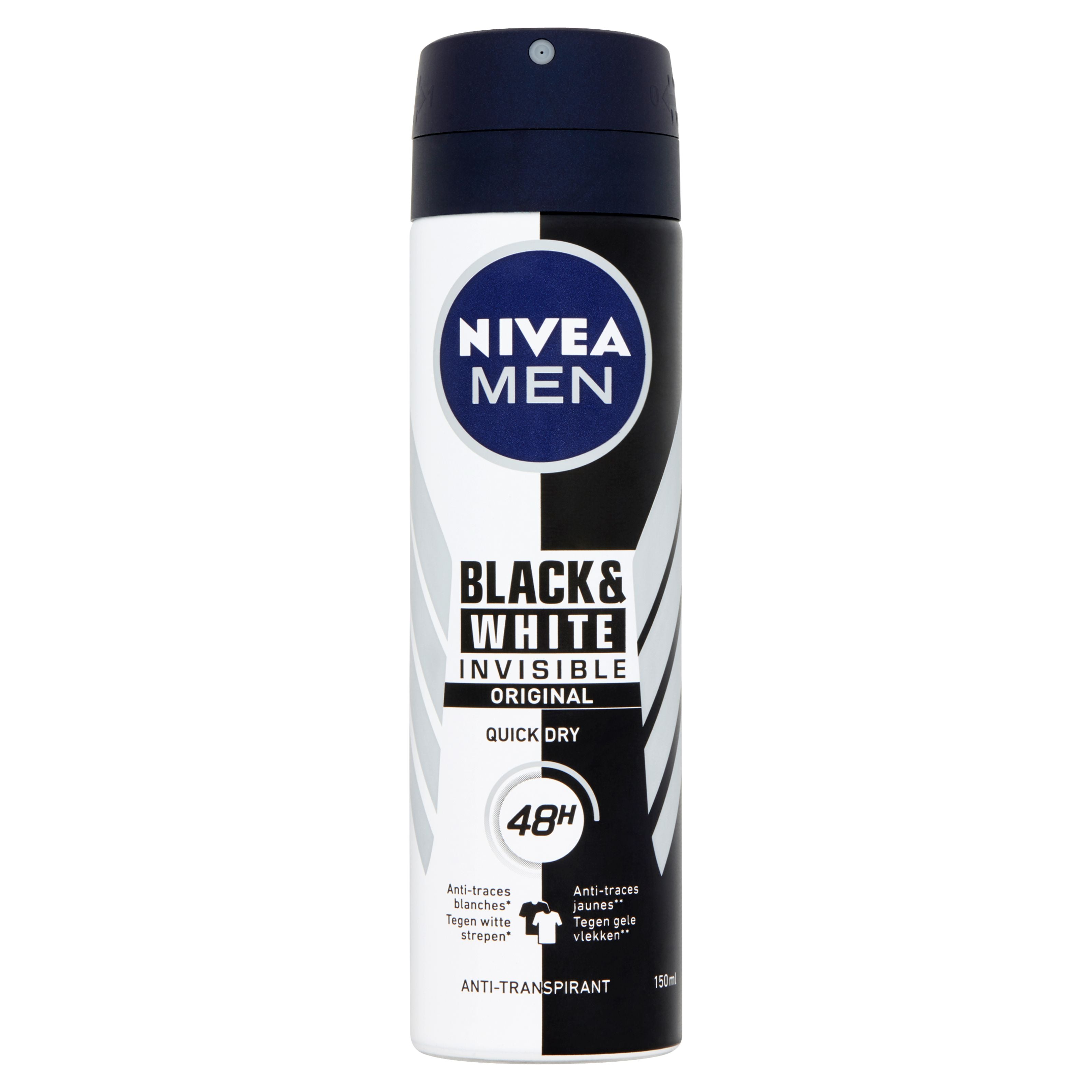 Nivea Men Invisible Black & White deodorant spray in a 150ml bottle, with a sleek design and Nivea branding visible.