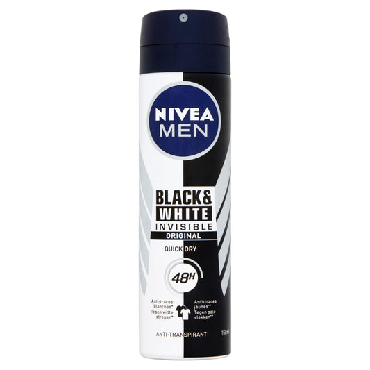 Nivea Men Invisible Black & White deodorant spray in a 150ml bottle, with a sleek design and Nivea branding visible.