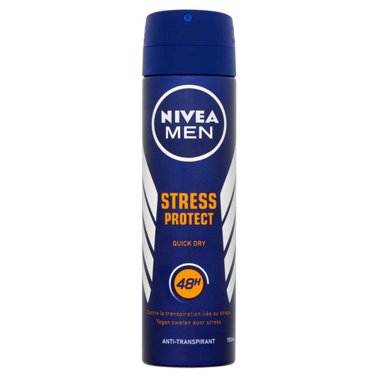 Nivea Men stress protect deodorant spray 150ml bottle with blue and silver design, shown from front view.