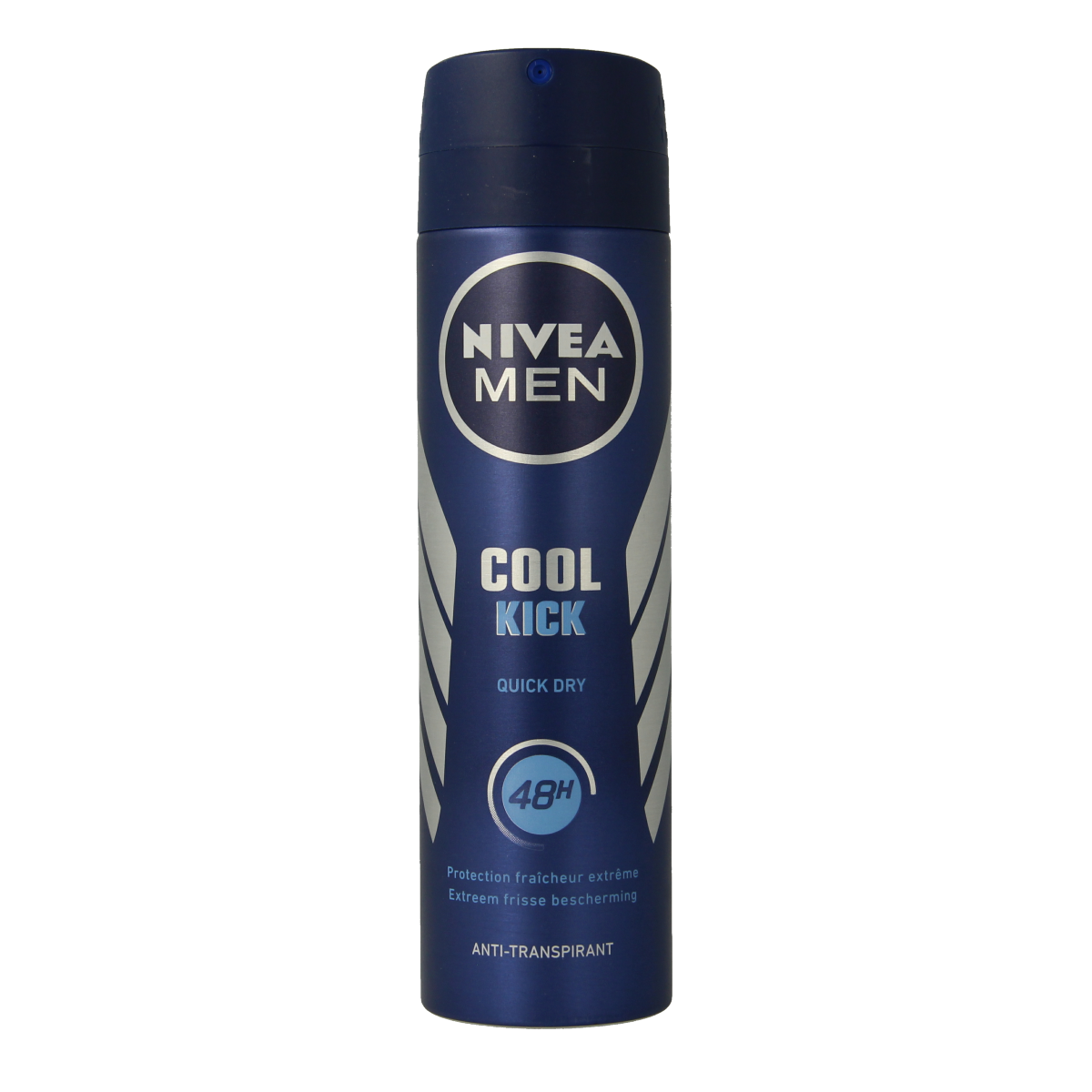 Nivea Men Cool Kick deodorant spray bottle, 150ml, with blue and white design and spray nozzle, for fresh masculine scent