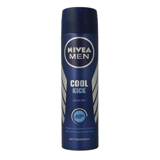 Nivea Men Cool Kick deodorant spray bottle, 150ml, with blue and white design and spray nozzle, for fresh masculine scent