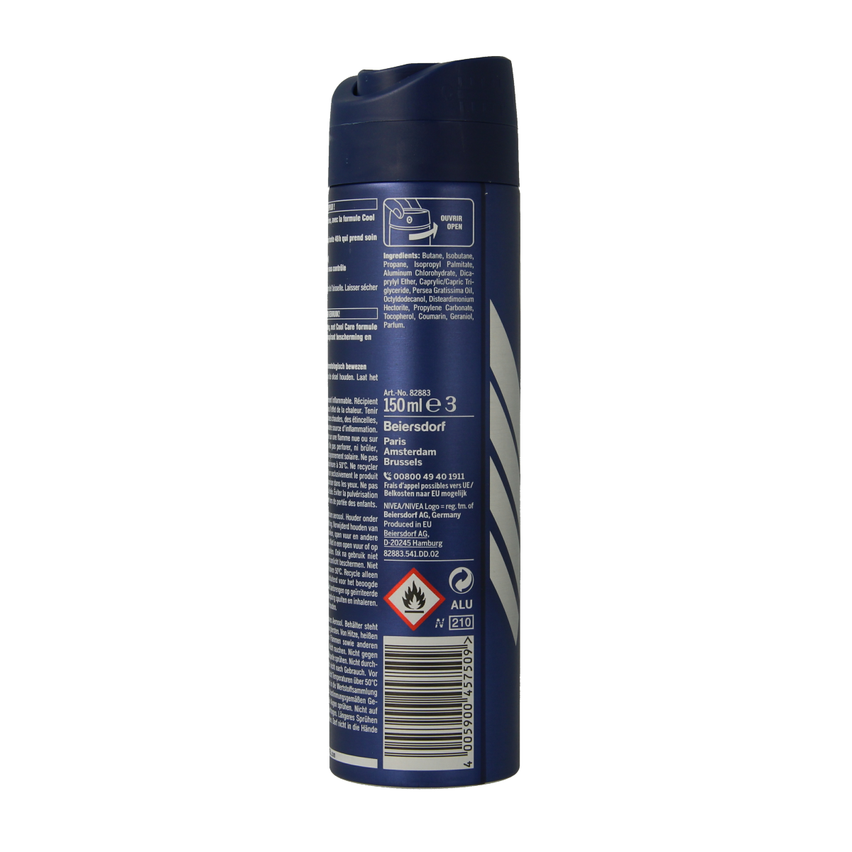 Nivea Men Cool Kick deodorant spray 150ml bottle with blue and silver packaging, designed for men's fresh scent.