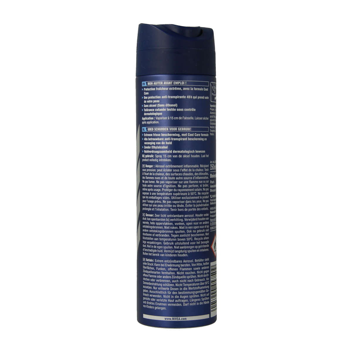Nivea Men Cool Kick deodorant spray 150ml bottle with blue and silver packaging, designed for fresh underarm odor control