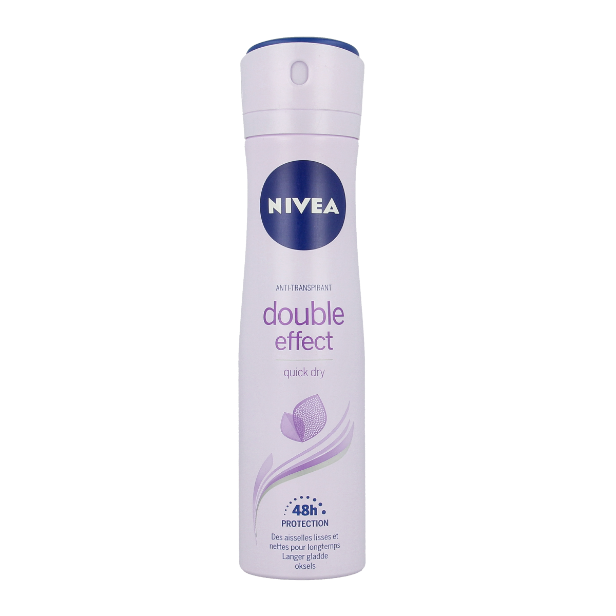 Nivea Double Effect Deodorant Spray bottle, 150ml, with white and blue packaging and spray nozzle visible.