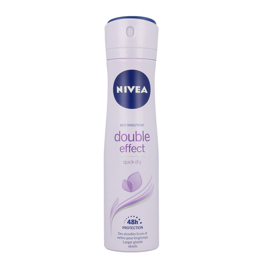 Nivea Double Effect Deodorant Spray bottle, 150ml, with white and blue packaging and spray nozzle visible.