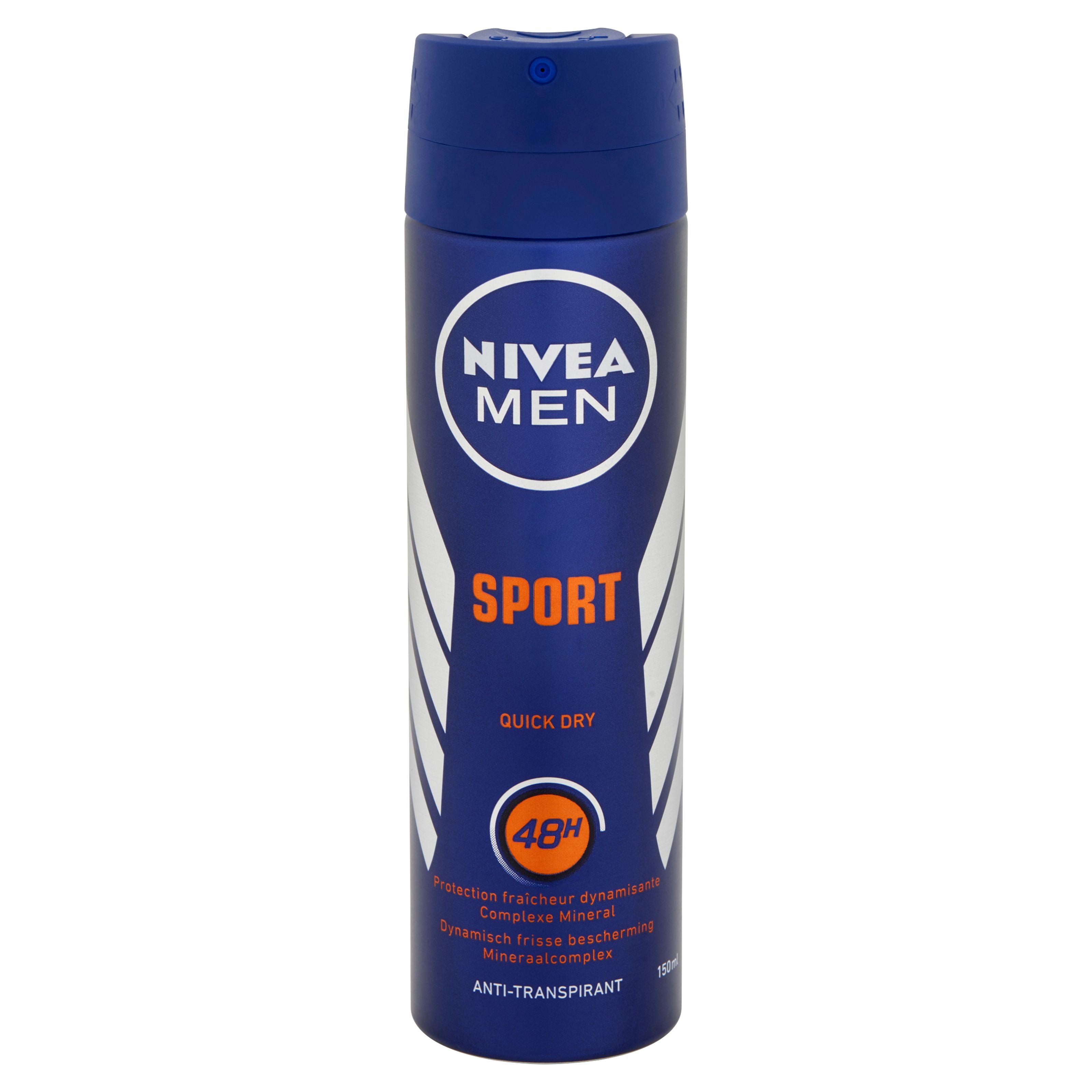 Nivea Men Sport deodorant spray bottle, 150ml, with a blue and white design and Nivea branding on the label.