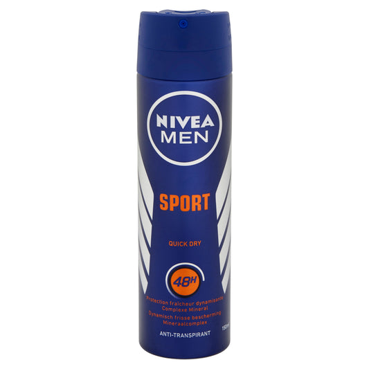 Nivea Men Sport deodorant spray bottle, 150ml, with a blue and white design and Nivea branding on the label.