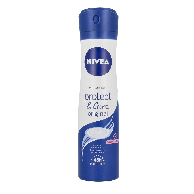 Nivea Protect & Care deodorant spray in 150ml bottle, featuring a white aerosol can with blue accents and Nivea branding.