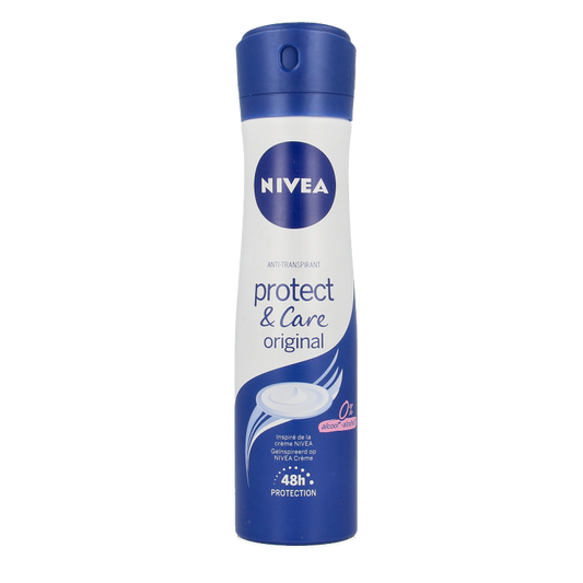 Nivea Protect & Care deodorant spray in 150ml bottle, featuring a white aerosol can with blue accents and Nivea branding.